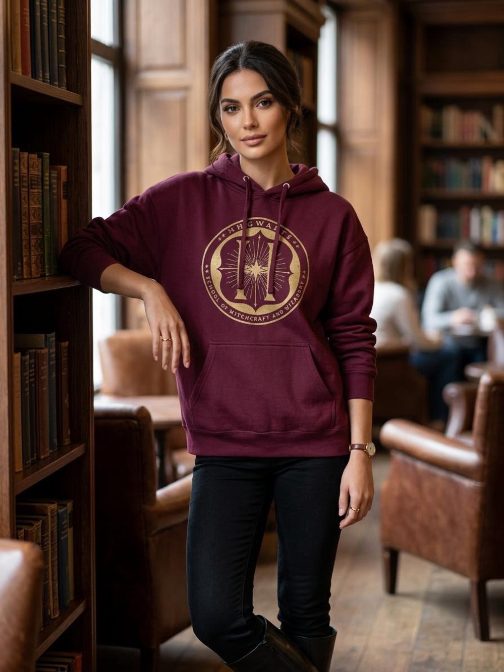 Women's Burgundy Pullover Hoodie with Gold Emblem
